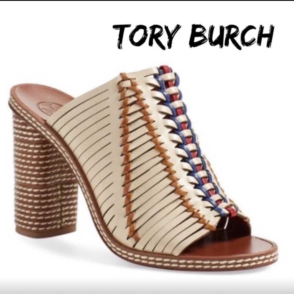 Tory Burch Cream and Brown Woven Heeled Mules